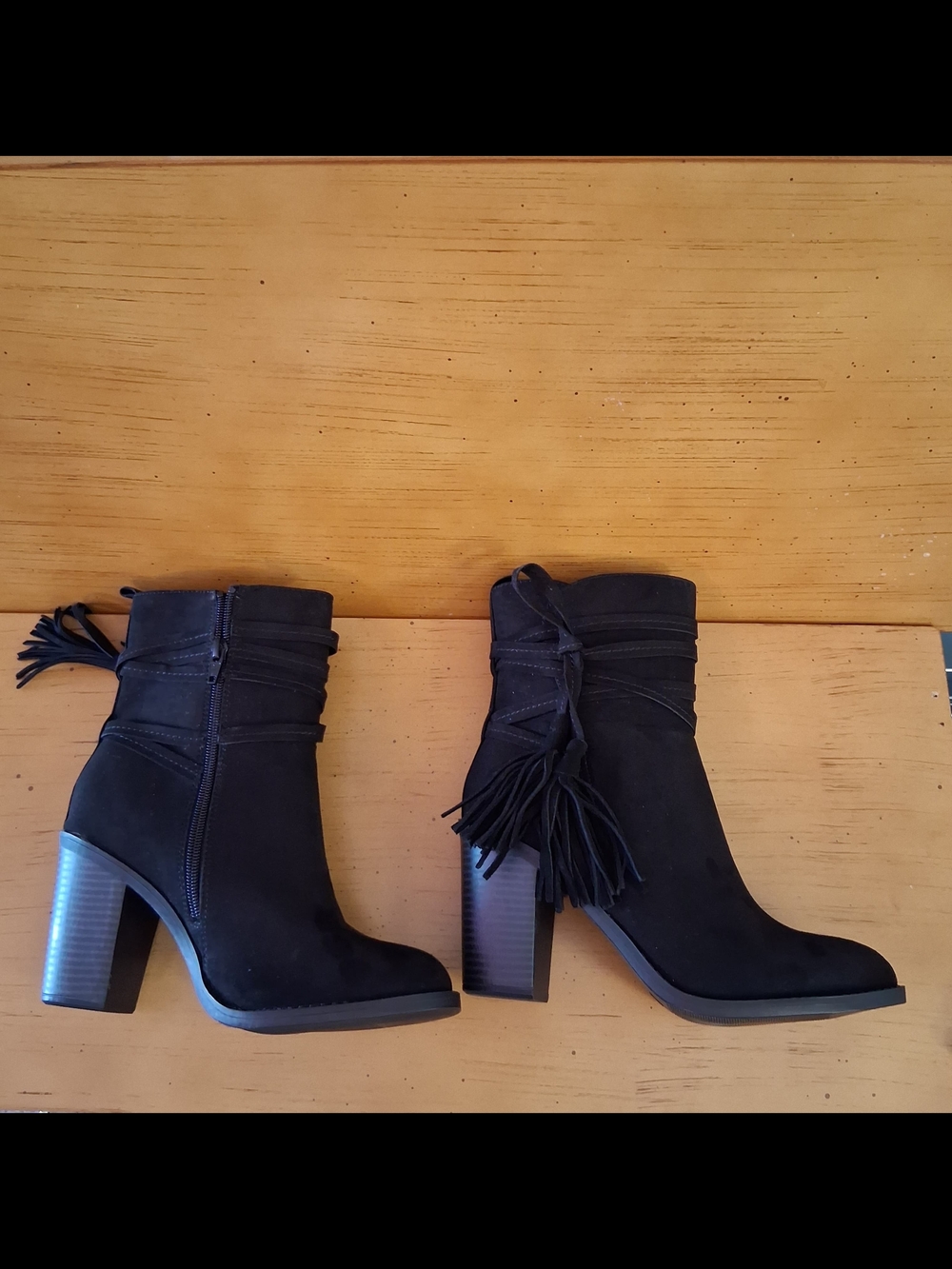 Black Suede Tassel Block Heel Ankle Boots